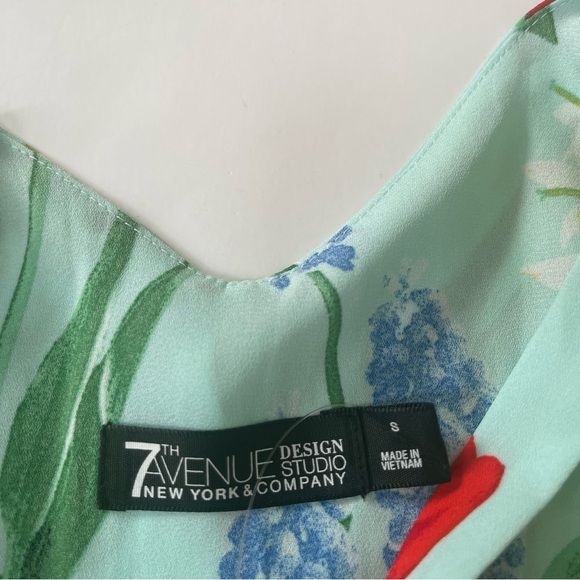 7th Avenue Design NY&Co Teal Floral Print Ruffle Design Sheer Sleeveless Blouse - Picture 3 of 4